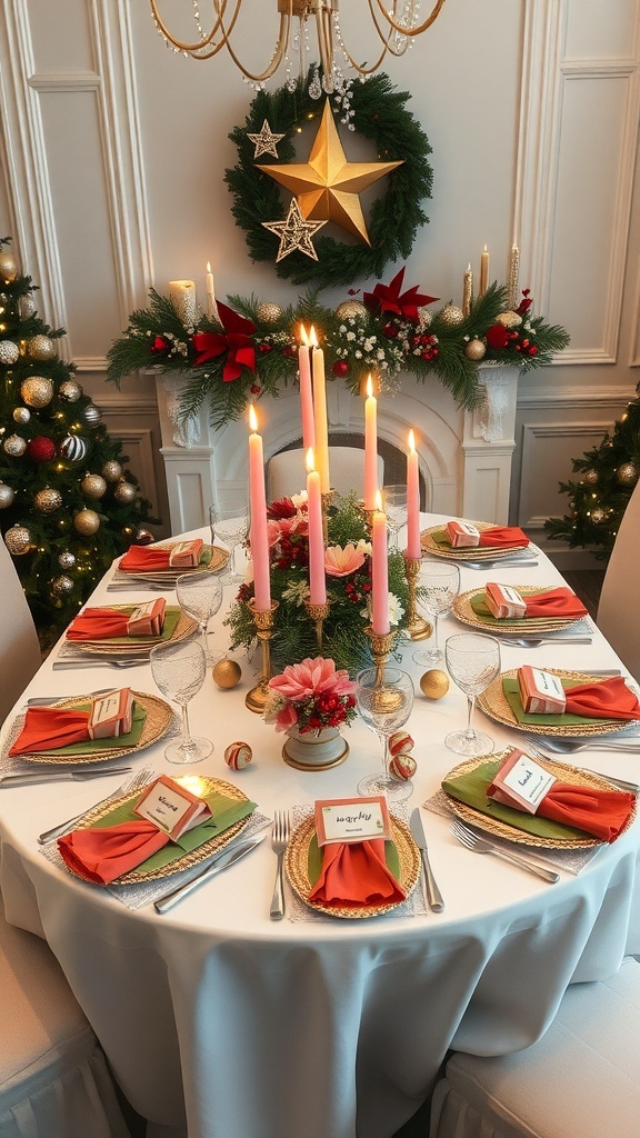 Christmas Table Decorations Contest Ideas A festive Christmas table setting with elegant decorations, candles, and seasonal flowers.